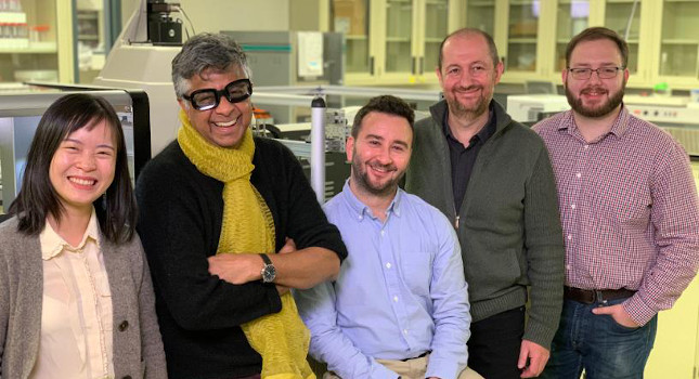 PhD student Yan Xiong, Professor Sanat Kumar, Postdoc Jason Kahn, Professor Oleg Gang, and PhD student Brian Minevich, all members of the Soft Matter Lab at Columbia Engineering. The group made and partially characterized various optical and enzymatic materials to demonstrate a new nanofabrication platform. Courtesy: Columbia University