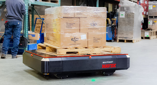 MAV3K is a 3000-lb capacity, industrial strength, omnidirectional, autonomous mobile robot. Courtesy: Robotic Industries Association/Waypoint Robotics