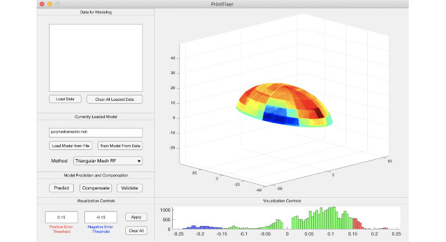 A screenshot from PrintFixer shows the predicted variations in a printed shape, with expanded areas highlighted in red and smaller areas marked in blue. Courtesy: USC Viterbi
