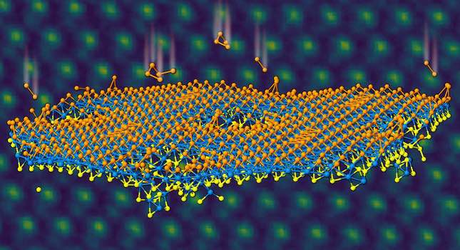 Selenium atoms, represented by orange, implant in a monolayer of blue tungsten and yellow sulfur to form a Janus layer. In the background, electron microscopy confirms atomic positions. Courtesy: Oak Ridge National Laboratory, U.S. Dept. of Energy