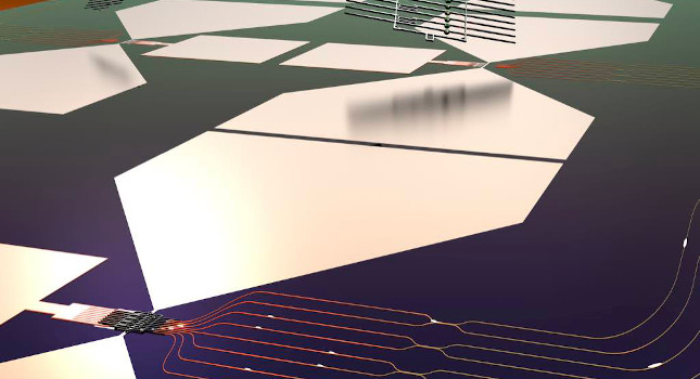 This graphic depicts a stylized rendering of the quantum photonic chip and its assembly process. The bottom half of the image shows a functioning quantum micro-chiplet (QMC), which emits single-photon pulses that are routed and manipulated on a photonic integrated circuit (PIC). The top half of the image shows how this chip is made: Diamond QMCs are fabricated separately and then transferred into the PIC. Courtesy: Noel H. Wan, Massachusetts Institute of Technology (MIT)