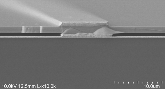 The electron microscope image shows the air (darkest gray) sandwiched between the gold backing at the bottom and the semiconductor at the top, supported on gold beams. Credit: Dejiu Fan, Optoelectronic Components and Materials Group, University of Michigan