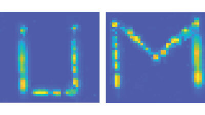This message will self-destruct in seven days, or it can be erased with a flash of blue light. Written with UV light, the letters are marked out by molecules that shrink by storing energy, stretching the atoms of the semiconductor above. This shifts the light emitted by the semiconductor to longer wavelengths, represented in the visible spectrum by yellow on a blue background. Courtesy: Che-Hsuan Cheng, Excitonics and Photonics Lab, University of Michigan