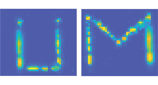 This message will self-destruct in seven days, or it can be erased with a flash of blue light. Written with UV light, the letters are marked out by molecules that shrink by storing energy, stretching the atoms of the semiconductor above. This shifts the light emitted by the semiconductor to longer wavelengths, represented in the visible spectrum by yellow on a blue background. Courtesy: Che-Hsuan Cheng, Excitonics and Photonics Lab, University of Michigan