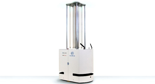 The mini UVC, jointly developed by BlueBotics and Engmotion, is mobile robot that disinfects as programmed every using UVC lamp technologies. It can be used alone or in a connected fleet to autonomously disinfect hospitals, airports, hotels, and commercial/industrial sites. BlueBotics uses its autonomous navigation technology (ANT) mobile robot platform to simplify and shorten installation of AGVs and mobile robots. Courtesy: BlueBotics SA
