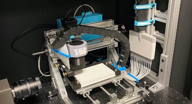 A microfluidic chemiluminescent ELISA system used to measure the concentration of SARS-CoV-2 antibodies present in the convalescent plasma of COVID-19 donors in the lab of Xudong (Sherman) Fan. Courtesy: University of Michigan
