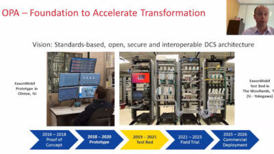 The Open Process Automation Forum timeline moves from 2016 prototype to test beds and commercial deployment in 2025 to 2026 timeframe, according to Dominic (Nick) Clausi, vice president of engineering, ExxonMobil Research and Engineering in a 2021 ARC Forum presentation. Courtesy: ExxonMobil, ARC Advisory Group