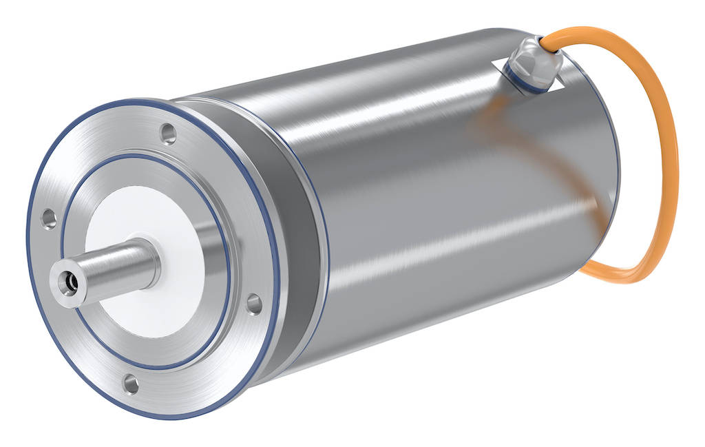 Siemens’ Simotics S-1FS2 servomotors, for food, beverage, sterile packaging, pharmaceutical and other process applications have stainless steel housings suited to high standards of hygiene and cleanliness; three sizes to 2kW (2.68 hp) power range and up to 14 Nm (10.32 ft-lbs.) torque. Courtesy: Siemens
