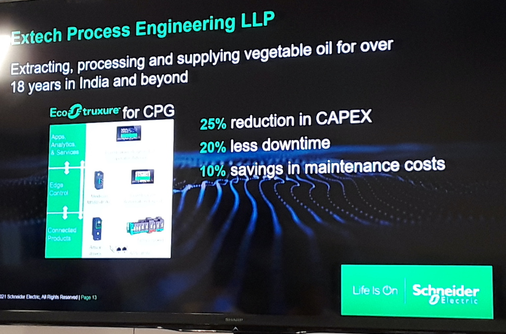 Using the scalable controller model, Extech Processing Engineering LLP, a vegetable oil supplier, was able to achieve a 25% reduction in capital expenditure over a traditional system, 20% less downtime using modular designs and out-of-the-box live system diagnostics, and a 10% savings in maintenance costs, said Kaishi Zhang, global director product management, Schneider Electric, talked about interoperability, scalability and sustainability during a presentation at Pack Expo Las Vegas. Courtesy: Mark T. Hoske, Control Engineering, CFE Media and Technology