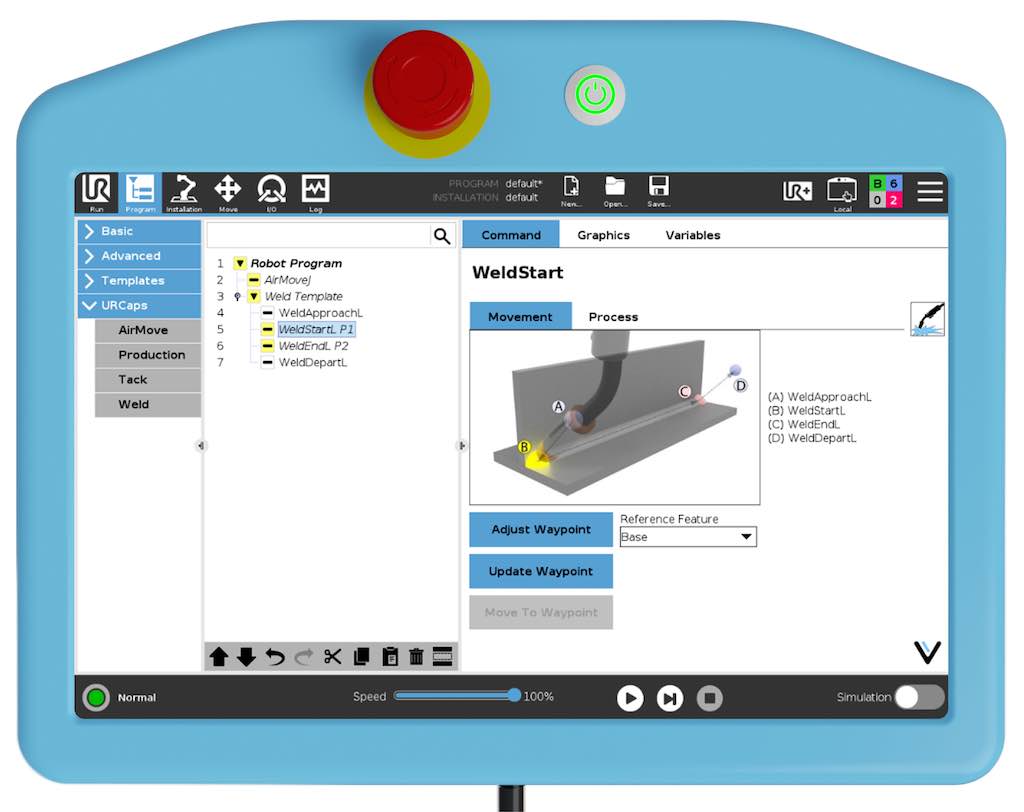 Intuitive user interface directly integrated to the robot teach pendant enables users with no robotic experience to program the welding system. Courtesy: Universal Robots/Association for Advancing Automation (A3)