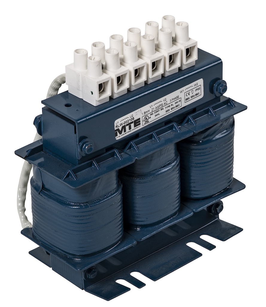 A line reactor is a device comprised of a conductor coiled around a magnetic core; it can reduce VFD harmonics. Courtesy: Yaskawa America Inc.