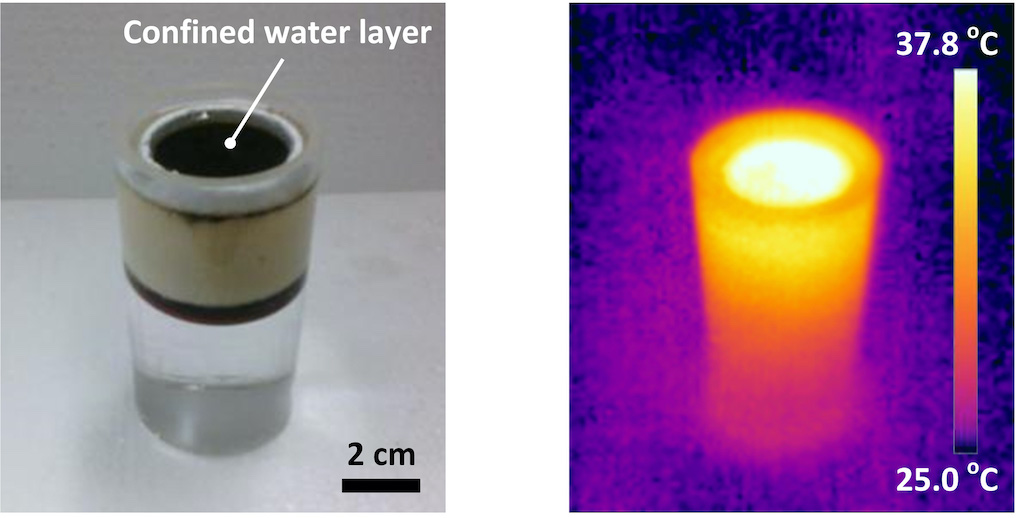 The left photograph shows the confined water layer structure. On the right, an infrared image shows the confined water layer under one sun solar illumination. Thermal energy is localized in the confined water layer. Courtesy: Massachusetts Institute of Technology