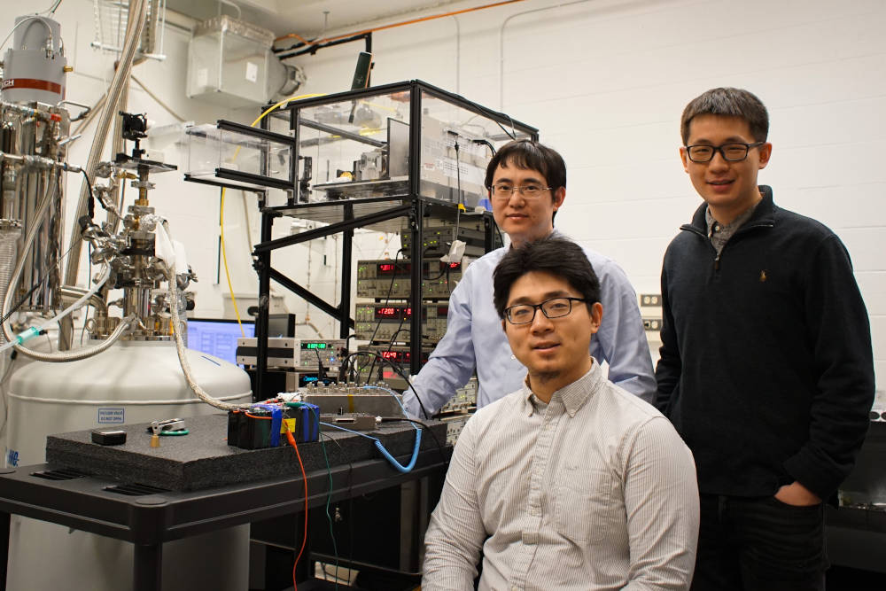 Pictured are Jixiang Yang (seated); Long Ju (standing on left); and Tianyi Han. Courtesy: Melanie Gonick, MIT
