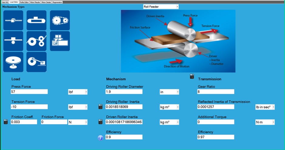 Figure 2: Using the roll feeder mechanism, the main entries required for sizing are shown in Yaskawa SigmaSelect Software. Courtesy: Yaskawa America Inc.