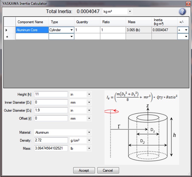 Figure 3: Inertia calculator in Yaskawa SigmaSelect Software asks for outer diameter and length or thickness of the pinch roll and material density. Courtesy: Yaskawa America Inc.