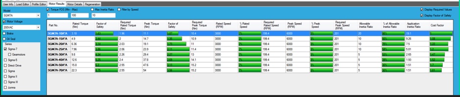 Figure 6: Motor results shows options for Sigma-7 Series servomotor selection in Yaskawa SigmaSelect Software. Courtesy: Yaskawa America Inc.