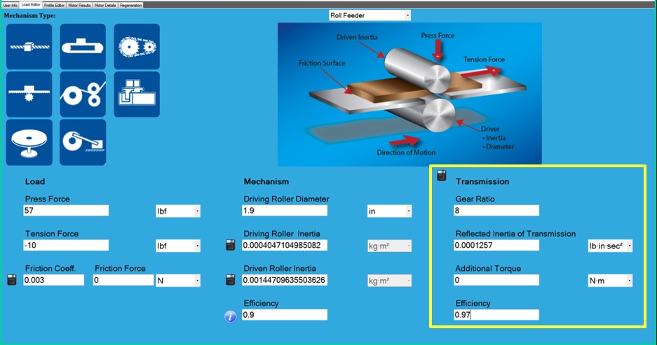 Figure 8: Gearbox data entry within the load editor tab in Yaskawa SigmaSelect Software may reduce the servomotor size. Courtesy: Yaskawa America Inc.