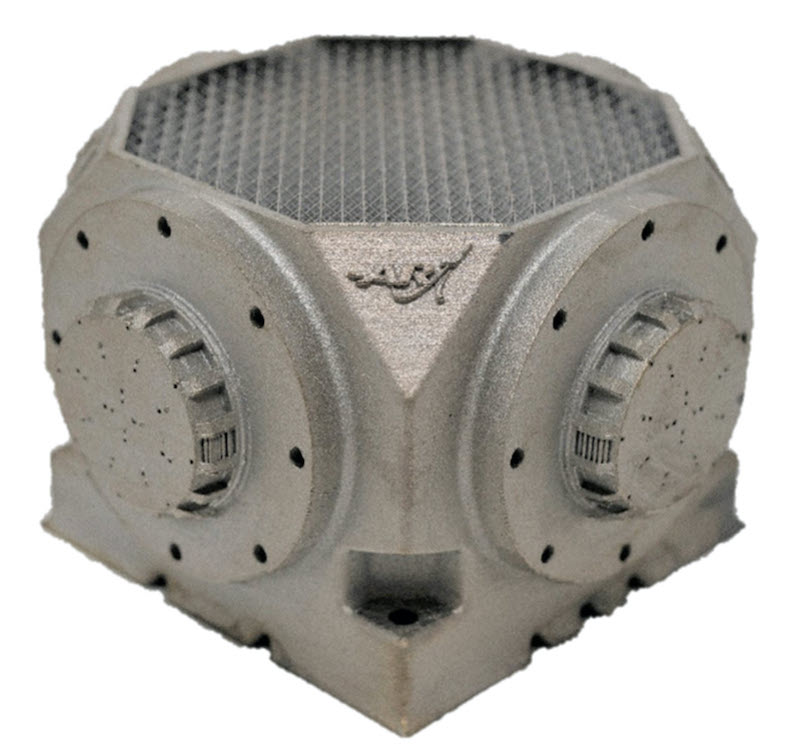 The final version of Aerojet Rocketdyne’s “Mk. II” RCS injector block, shown in its as-built orientation. Courtesy: Velo3D
