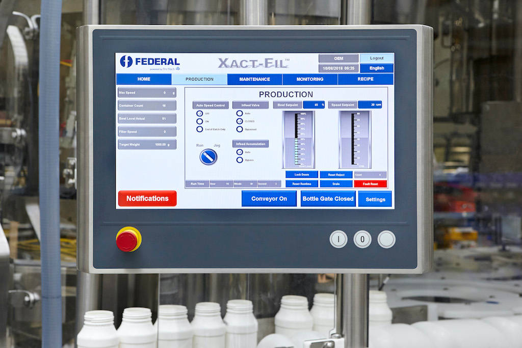 Figure 4: With a 19-in., multitouch screen, custom push-button extensions and stainless-steel housing, the Beckhoff CP3918 Control Panel offers robust HMI hardware for ProMach Filling Systems’ XACT-FIL machine. Courtesy: Beckhoff Automation