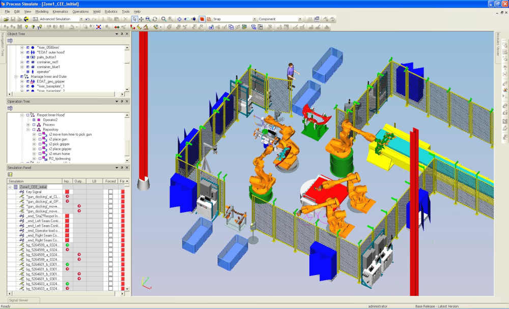 Figure 2: Simulation software, Process Simulate from Siemens shows a digital twin of a robotic work cell with ABB robots. Navigation at the left provides an object tree, operation tree, and simulation panel. The object tree lets the programmer select each of the different components/objects in the simulation. The operation tree has the simulation actions like robot paths. The simulation panel is used to view and simulate the I/O (inputs and outputs) that run the programming software. Courtesy: Patti Engineering Inc. 
