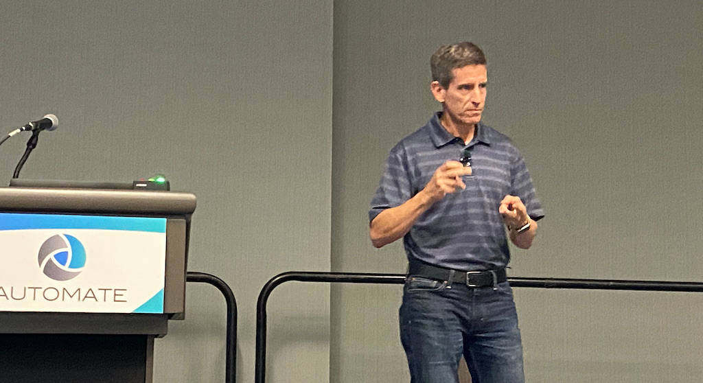Todd Graves, CTO of Seegrid, in his presentation “AMRs and the Human Workforce: Working Together for a Future-Proof Partnership” at Automate in Detroit, a show and conference coordinated by the Association to Advance Automation (A3). Courtesy: Chris Vavra, CFE Media and Technology