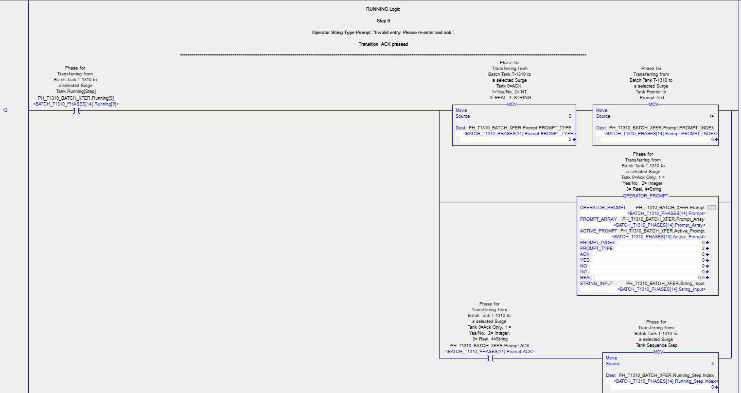 The following screen capture illustrates PLC code that was recently implemented for a batching process. It is written in ladder logic, using Studio5000 Logix Designer software from Rockwell Automation, for a 1756-L75 processor from Rockwell Automation. Courtesy: Matrix Technologies Inc.