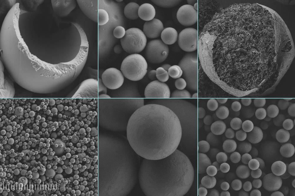 These scanning electron microscope images show silk-coated microcapsules containing vitamin C, at different scales of detail. On the left, and top center, samples made by spray drying, a method already widely used in industry. On the right and at bottom center, samples made by ultrasonic spray freeze drying, a method used by the researchers to reveal greater detail of the process involved. Courtesy: Muchun Liu, edited by MIT News