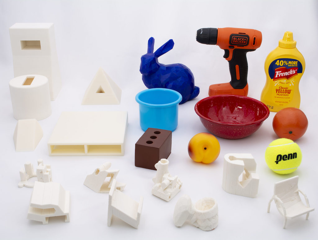 A University of Washington team created a new tool that can design a 3D-printable passive gripper and calculate the best path to pick up an object. The researchers tested this system on a suite of 22 objects, which are shown here. Courtesy: University of Washington