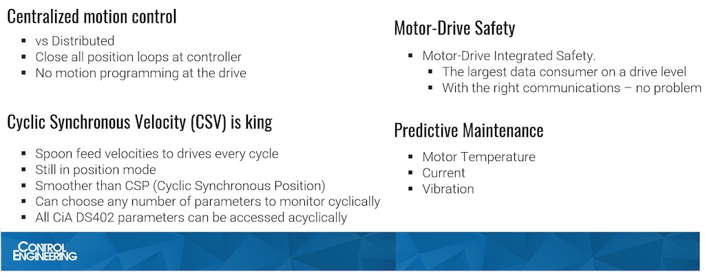 Drive architecture (centralized vs. distributed), motor-drive safety, motion control strategies, and predictive maintenance were among communication types discussed by Bob Trask, the North American representative of EtherCAT Technology Group. Comments were part of the Aug. 4, 2022, webcast, “How to Optimize Industrial Motor Communications,” archived for a year. Courtesy: EtherCAT Technology Group, Control Engineering
