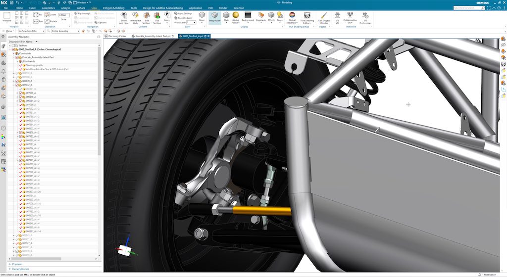At IMTS 2022 Siemens discussed how software optimized a steering knuckle assembly, seen here installed on an electric vehicle eRod. Courtesy: Siemens
