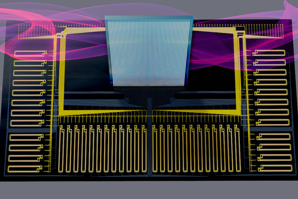 This rendering shows a novel piece of hardware, called a smart transceiver, that uses technology known as silicon photonics to dramatically accelerate one of the most memory-intensive steps of running a machine-learning model. This can enable an edge device, like a smart home speaker, to perform computations with more than a hundred-fold improvement in energy efficiency. Courtesy: Alex Sludds, MIT News