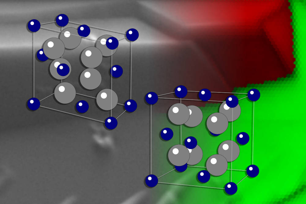 Diagrams show the two different ways that the atomic structure of the shape-memory material, zirconia ceramic, can be configured. An external trigger such as a temperature change can shift the configuration from one shape to the other, changing its dimensions and allowing it to exert pressure or do other work. The background is an electron microscope image of the material, with the two colors indicating the two different configurations. Courtesy: Massachusetts Institute of Technology