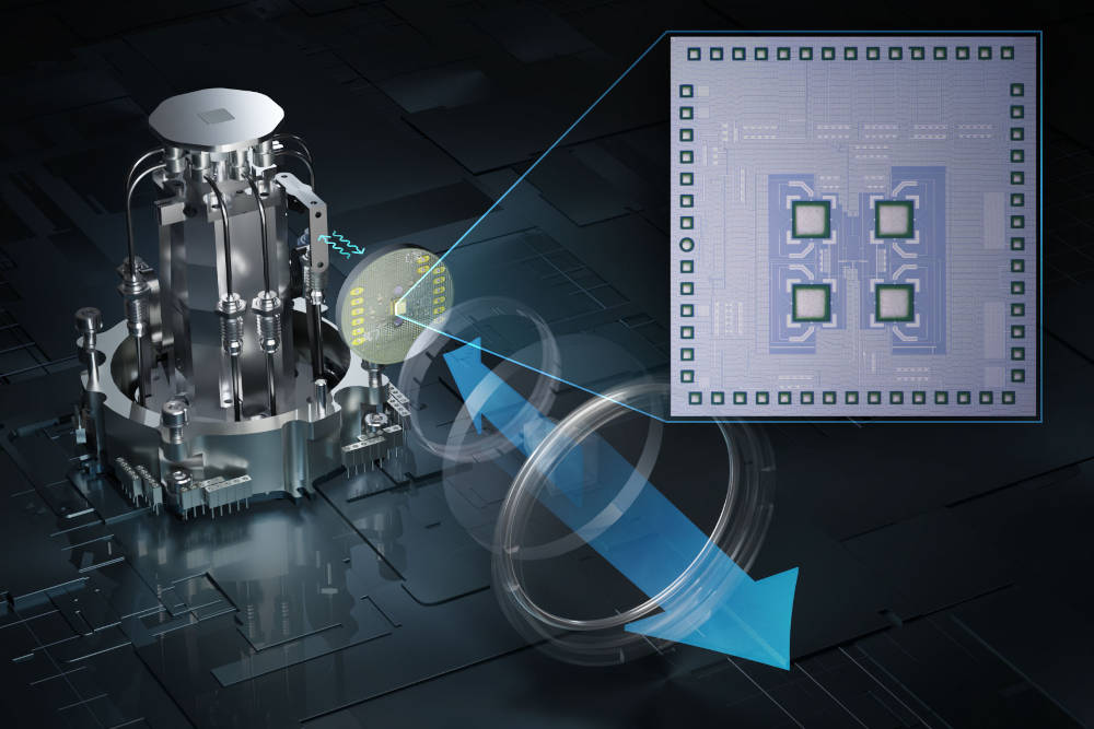 This image shows a transceiver chip the researchers developed that is placed inside a complex refrigerator that houses a quantum computer. The chip sends and receives data to and from electronics outside of the refrigerator using high-speed terahertz waves. Courtesy: Jinchen Wang, MIT News Office