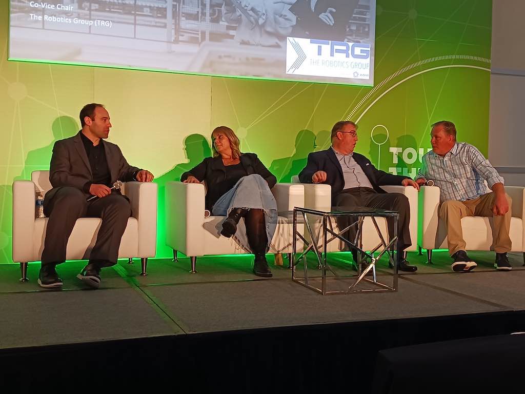 The Robotics Group (TRG) panel of MHI discussed “What’s possible now in warehouse robotics” at ProMat 2023, March 20-23, in Chicago, organized by MHI. Panelists, left to right, were Jon Schechter, business development manager, AutoStore; Zuzana Kajuch, Zuka Consultancy (formerly Crate and Barrel); Corey Cook, senior program manager Lockheed Martin; and Bill Vining co-founder Robot Advisory Group. Courtesy: Mark T. Hoske, CFE Media and Technology