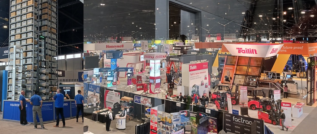 MHI described ProMat 2023 as the largest event in its history, with a reported 12% increase in registered attendees compared to the last pre-pandemic show, with a total of 50,924 in the 4-day March show and conference at McCormick Place in Chicago. With 562,700 net square feet of exhibits (more than 1000 booths), covering 1.2 million square feet, ProMat 2023, March 20-23, also had more than 150 educational sessions. At left vertical warehousing was shown at the North Hall entrance; right, some of the South Hall ProMat 2023 exhibits are shown. Courtesy: Mark T. Hoske, Control Engineering, CFE Media and Technology