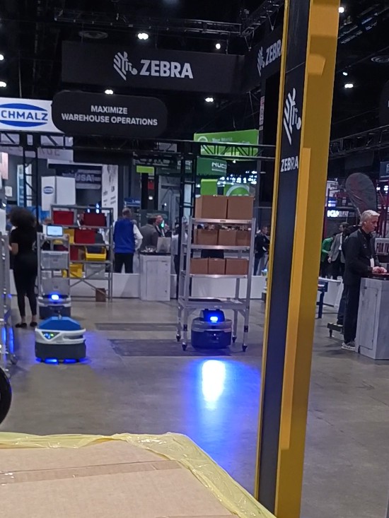 With just a few hours of setup, mobile robots (Fetch Robotics by Zebra Technologies) navigate after being walked around to map location of fixed structures. A more extensive setup can take days rather than weeks, according to Zebra Technologies at ProMat 2023. Courtesy: Mark T. Hoske, Control Engineering, CFE Media and Technology