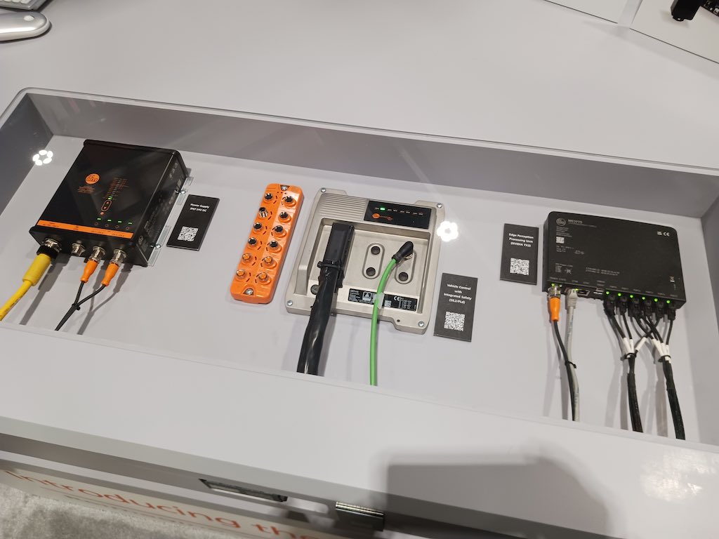 The ifm efector Edge Perception Processing Unit (right) helps mobile robots make sense of their surroundings more quickly so they can stay more productive, while other ifm offerings make design, integration and use of mobile robots easier, as shown at ProMat 2023. Courtesy: Mark T. Hoske, Control Engineering, CFE Media and Technology