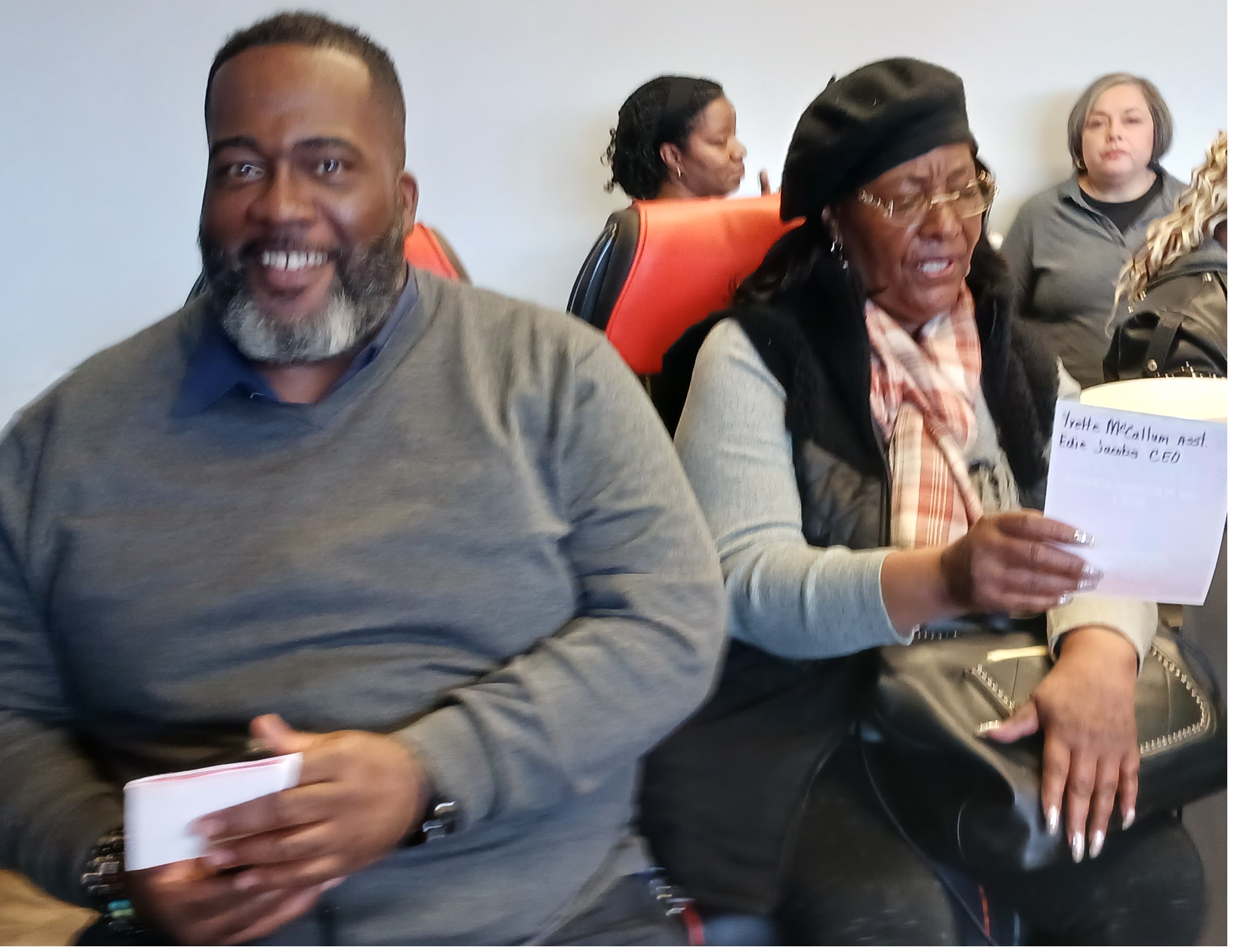 At the 2023 Jane Addams Resource Corp. Women in Manufacturing event, Darryl Bush (left), a Chicago-area JARC employment coach and welding instructor, was on hand to answer questions, and Chicago Alderman Emma Mitts, a speaker, visited on available bus seats made at the Freedman Seating Co. Freedman’s plant in Chicago’s Ravenswood neighborhood also is the site of one of JARC’s Chicago training facilities. Courtesy: Mark T. Hoske, Control Engineering, CFE Media and Technology