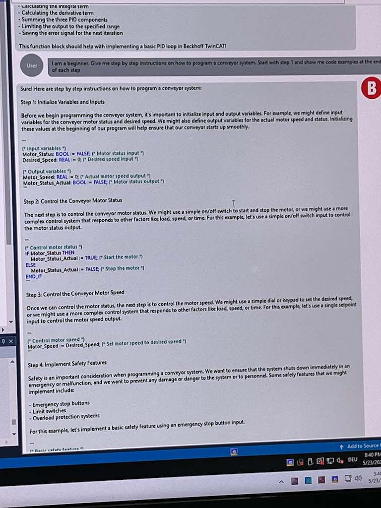Beckhoff Automation's TwinCAT Chat Clients can use large language models (LLMs) such as ChatGPT to speed up coding applications for engineers. Courtesy: Chris Vavra, CFE Media and Technology