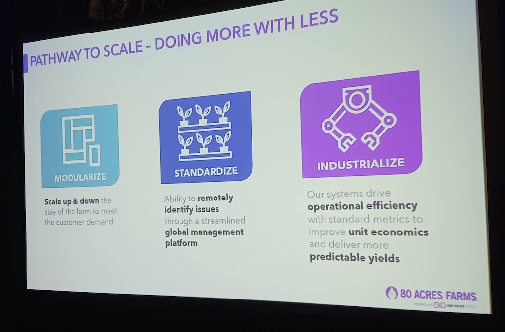 Tisha Livingston, CEO and co-founder, Infinite Acres, speaking at the 2023 Manufacturing in America Summit, said scalable and repeatable processes that use digital twins to help optimization uses right-sized equipment and industrial automation for vertical farm productivity. Courtesy: Mark T. Hoske, Control Engineering, CFE Media and Technology