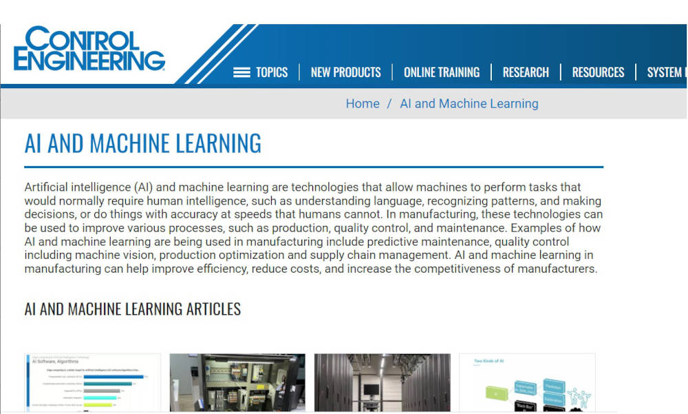 See Control Engineering pages devoted to the topics of AI and to edge computing. The AI and machine learning page is show. Courtesy: Control Engineering