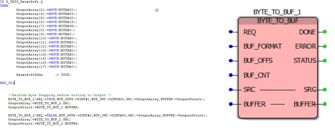 Figure 1: PLCopen FB Byte_To_Buf instantiated in ST: FB is used to process data swapping for the output/input command on a Modbus communicating sensor. Courtesy: Yaskawa