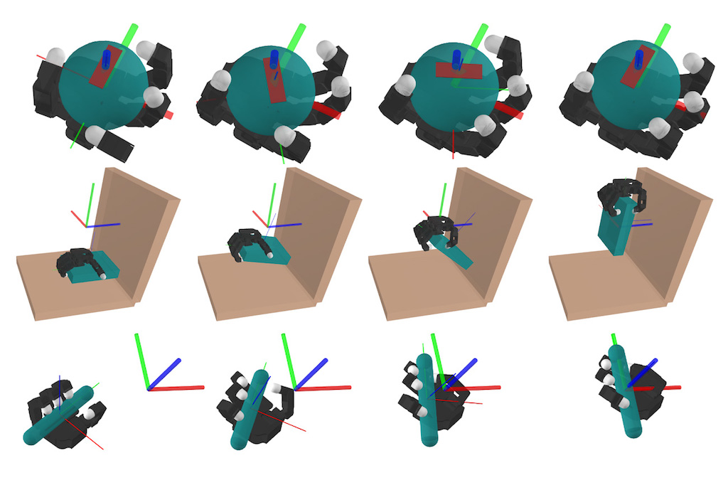 In these figures, a simulated robot performs three contact-rich manipulation tasks: in-hand manipulation of a ball, picking up a plate, and manipulating a pen into a specific orientation. Courtesy: Massachusetts Institute of Technology