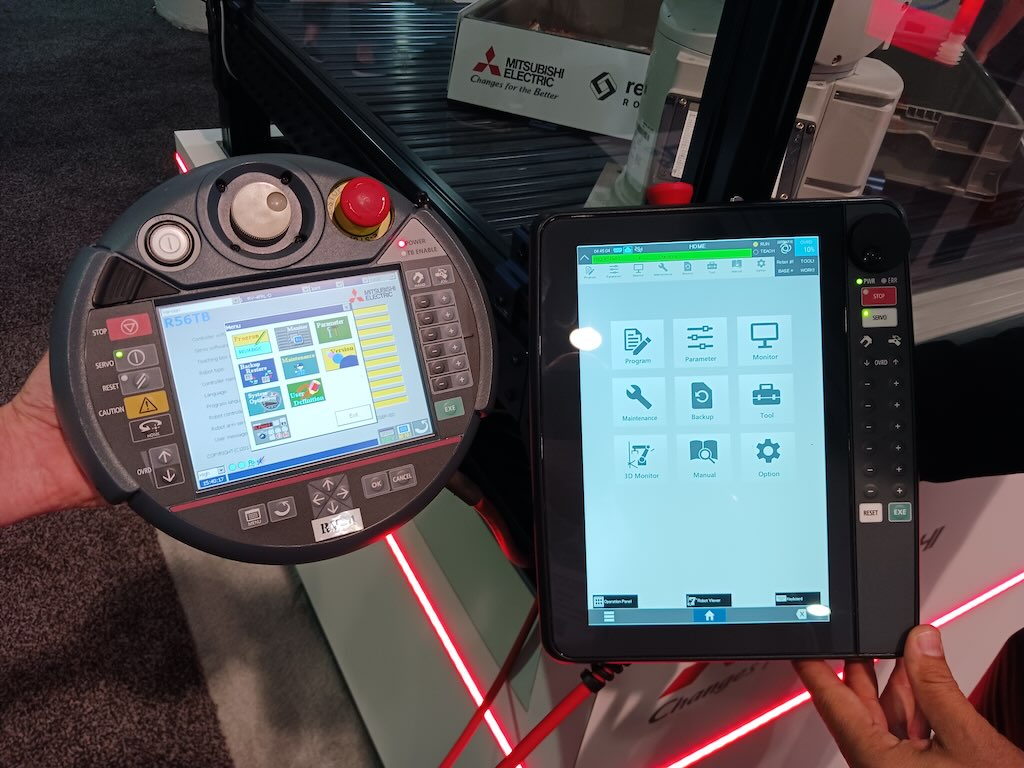 Compared to a heavier round design pendant released 12 years prior (left), the Mitsubishi Electric Automation R86 robot teach pendant is lighter and styled like a rugged tablet, capable of showing live robot movements in real time. Touchscreen, edit functions, program templates and other features make it more like operating popular tablets, as seen at Pack Expo Las Vegas 2023. 