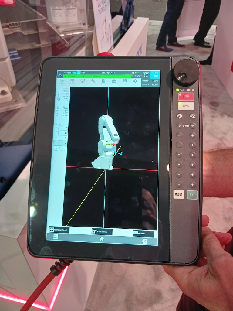 Mitsubishi Electric Automation’s R86 robot teach pendant has higher resolution and avoids the need for a computer when programming or configuring robot movements. The new design is lighter and styled like a rugged tablet, capable of showing live robot movements in real time, as seen at Pack Expo Las Vegas 2023.