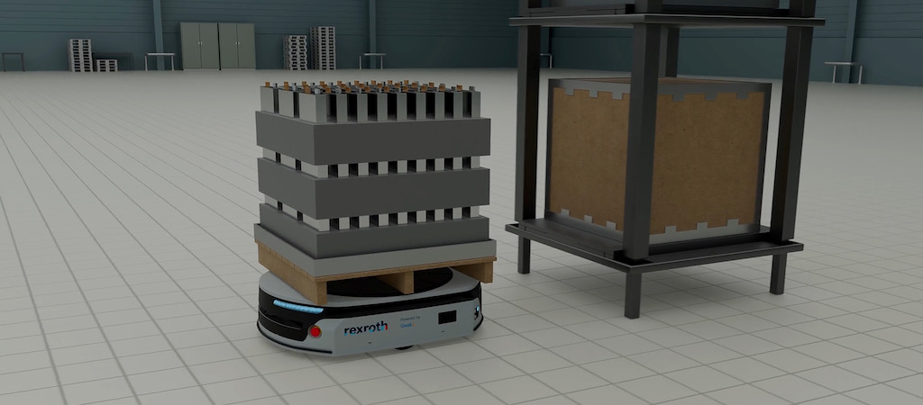 Figure 1: Under-rider AMR in a factory, which can maneuver seamlessly underneath the payload to pick it up and transfer it from point A to point B. Courtesy: Bosch Rexroth