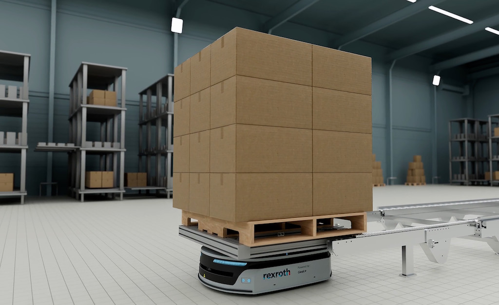 Figure 2: Example of an under-rider AMR moving a pallet, which can help consumer packaged goods (CPG) operations improve their palletizing systems. Courtesy: Bosch Rexroth