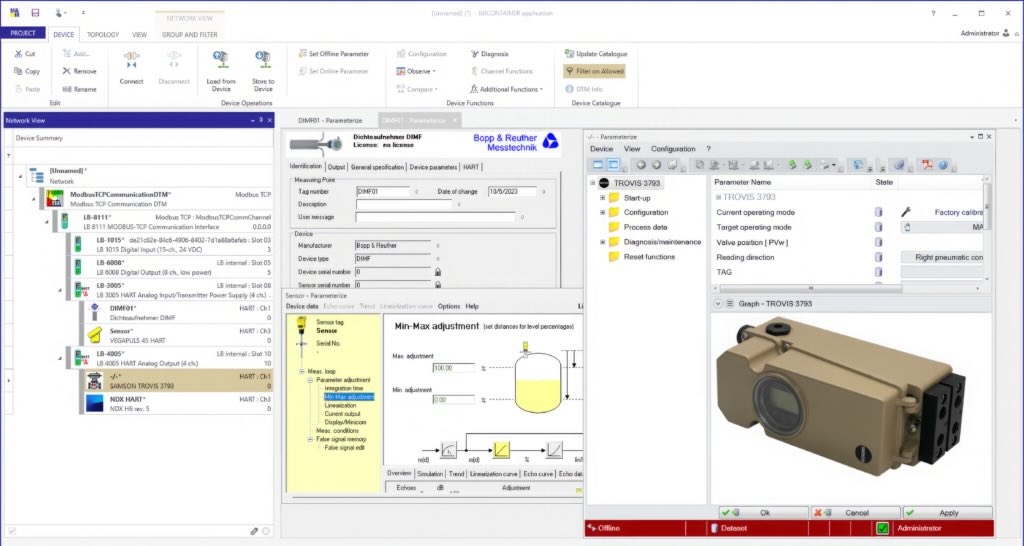 Use of FDT technology in remote input/output (I/O) systems with nested communication network support (HART through Modbus TCP). 