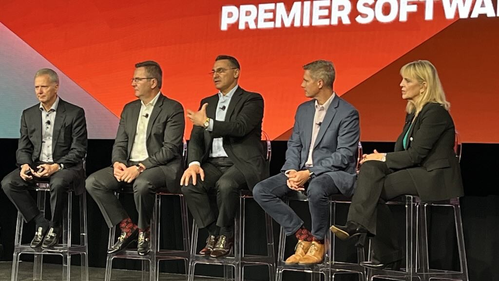 Left to right: Honeywell Connected Enterprise president and CEO, Kevin Dehoff; Lucian Boldea, CEO process materials and technology; Bilal Hammoud, CEO buildings technology; John Waldron, COO of Honeywell; Sheila Jordan, senior vice president and chief digital technology officer at Honeywell, in a panel discussion at Honeywell Connect in Dallas. 