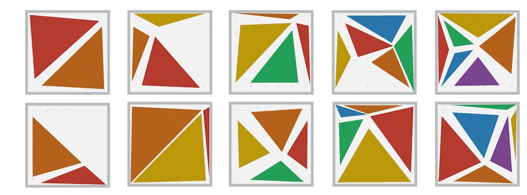 This figure shows examples of 2D triangle packing. These are collision-free configurations.